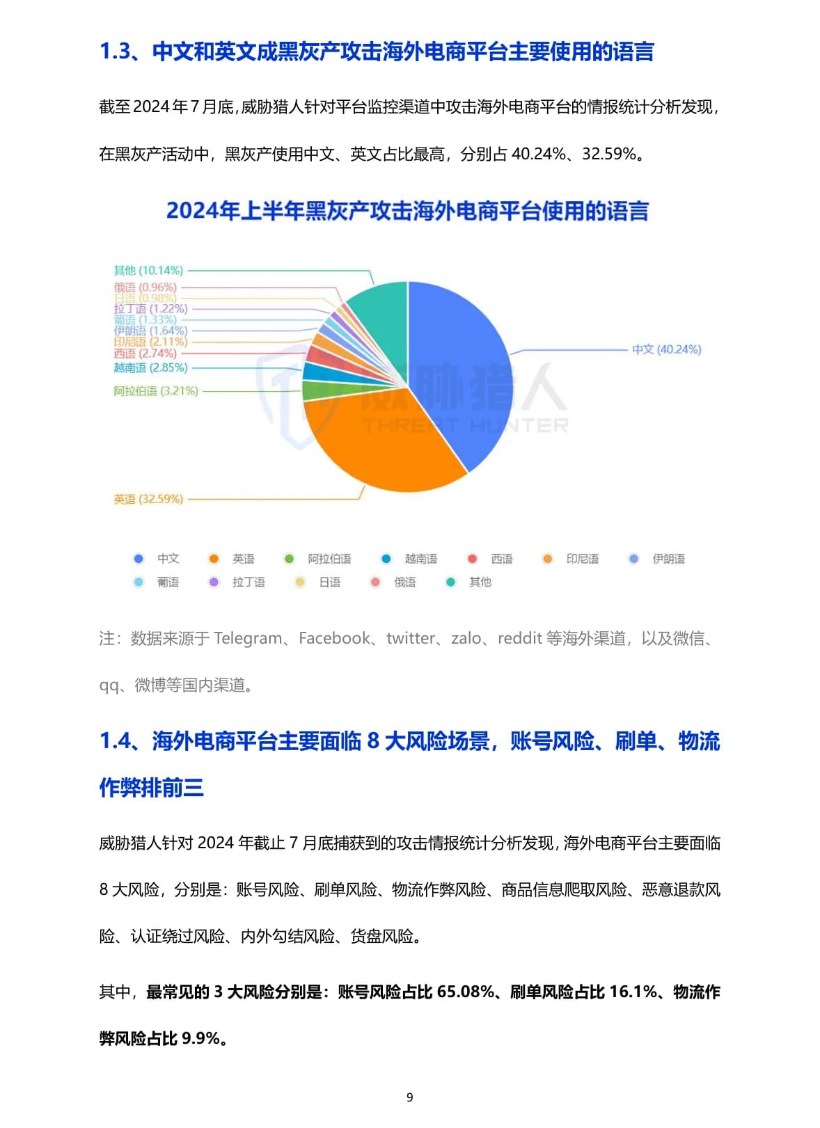 2024上半年度海外电商平台风险研究报告原 PDF 第 9 页：海外电商风险语言与场景分布