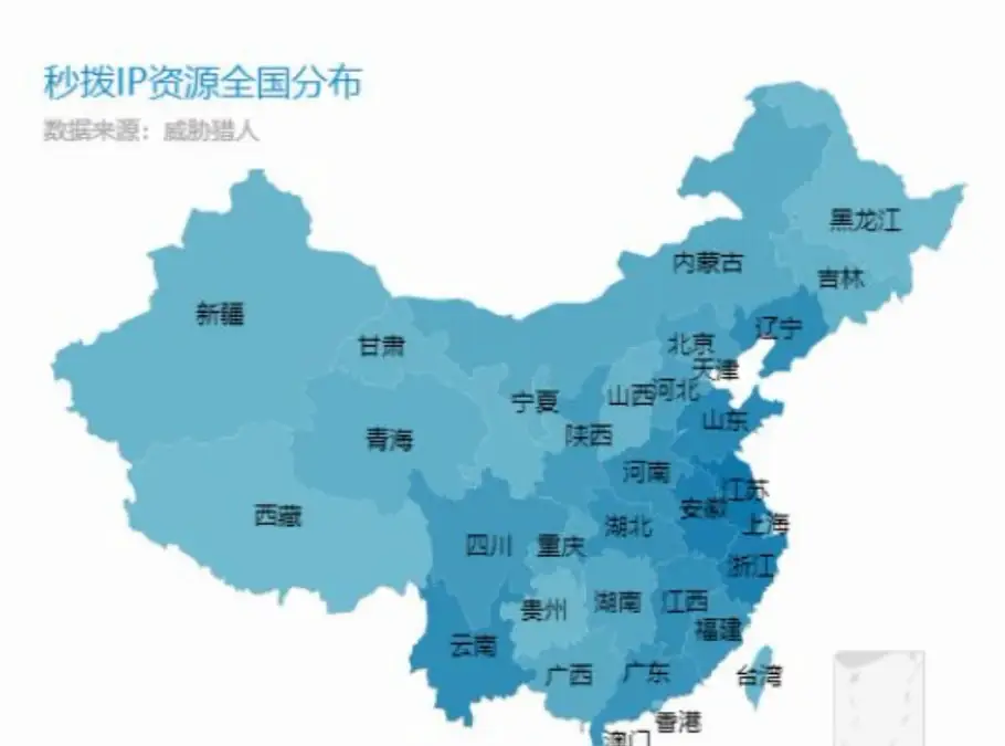 秒拨IP资源在中国各省份的分布地图