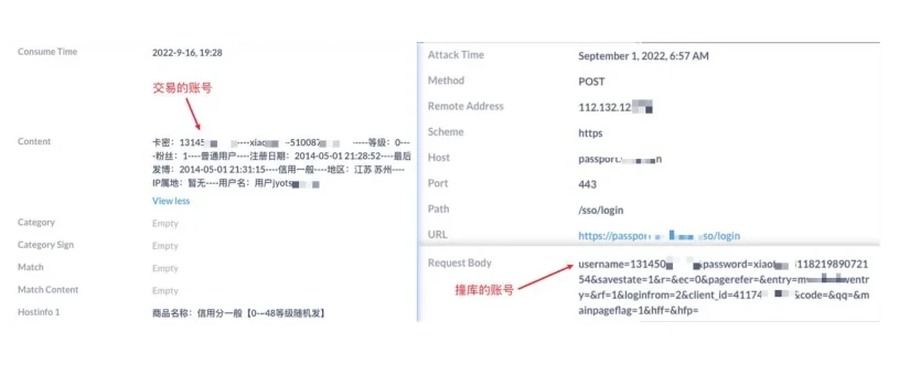 撞库攻击流量与地下交易账号匹配的脱敏证据截图