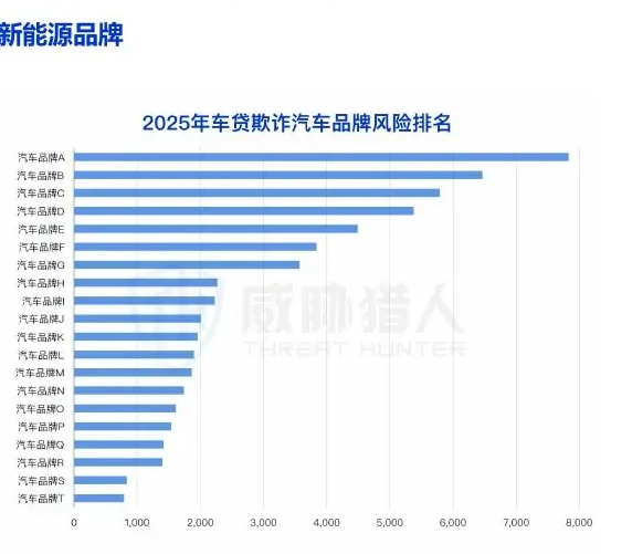 2025 年车贷欺诈风险品牌分布显示,风险主要集中在高端燃油车及某头部新能源品牌图表 2（原报告第 31 页）